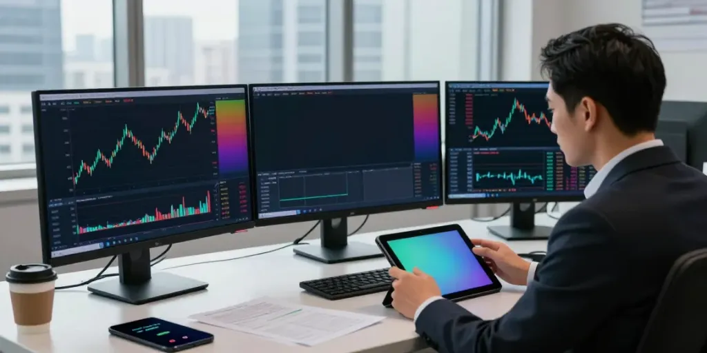 Trader analyzing financial data on MetaTrader 5 in a modern trading room.