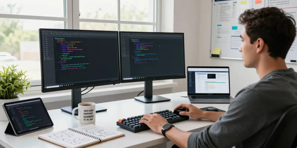 Developer using Notepad++ in a modern workspace with dual monitors and coding tools.