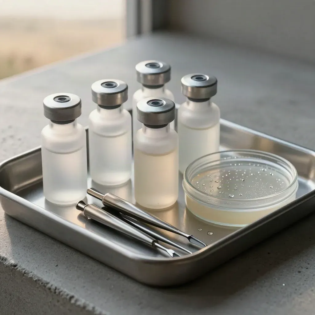 Top-down lab still life with frosted vials, pipette tips, and a sealed petri-dish lid on concrete.