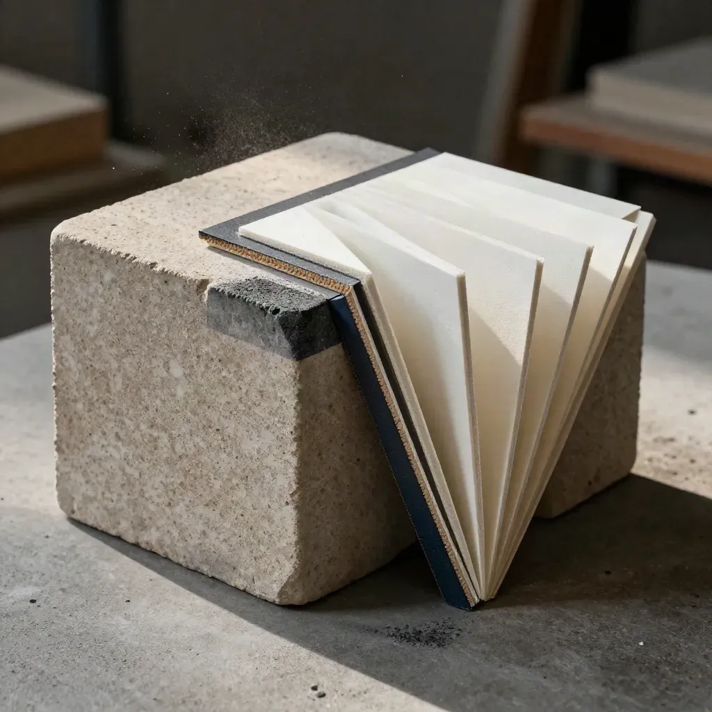 Architectural model materials fanned on concrete in dramatic studio light