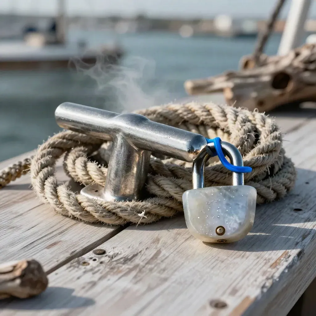 Stainless cleat, coiled rope and salt-polished shackle on pale wood with sea mist and blue accent.