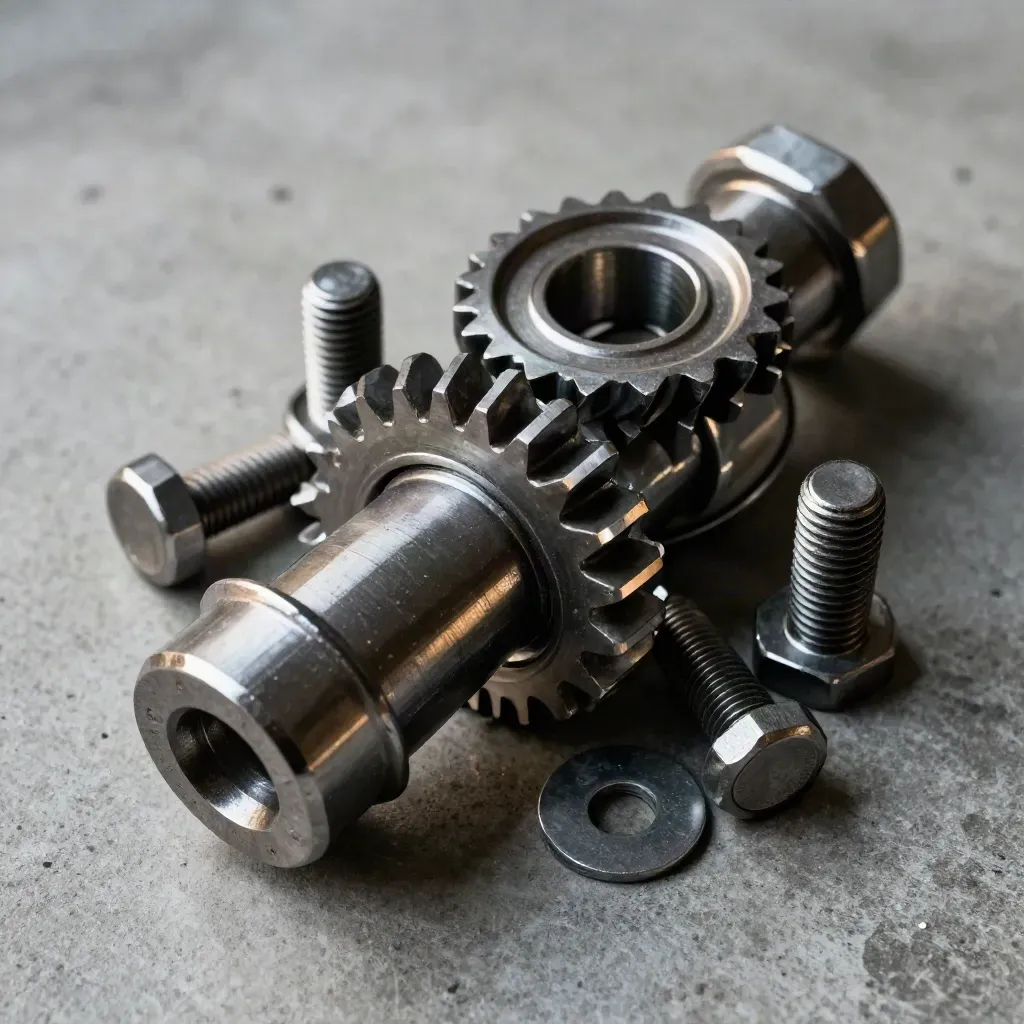 Top-down cluster of gear blank, bolts, and steel shims on concrete.
