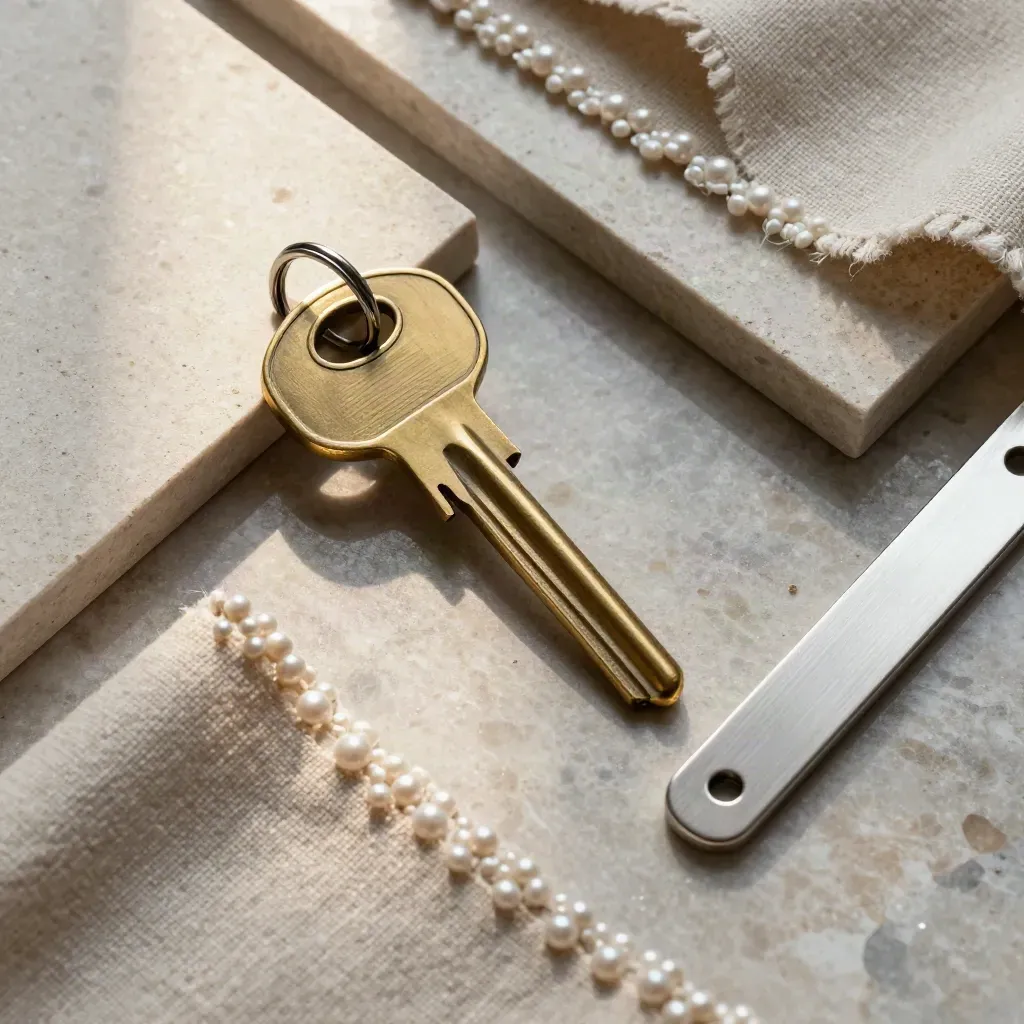 Hotel material flat lay with linen, stone, and brass key fob on limestone.