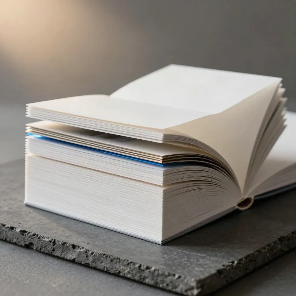 Stacked white foamcore page maquettes with aluminum spacers on a graphite surface, lit from above-left.