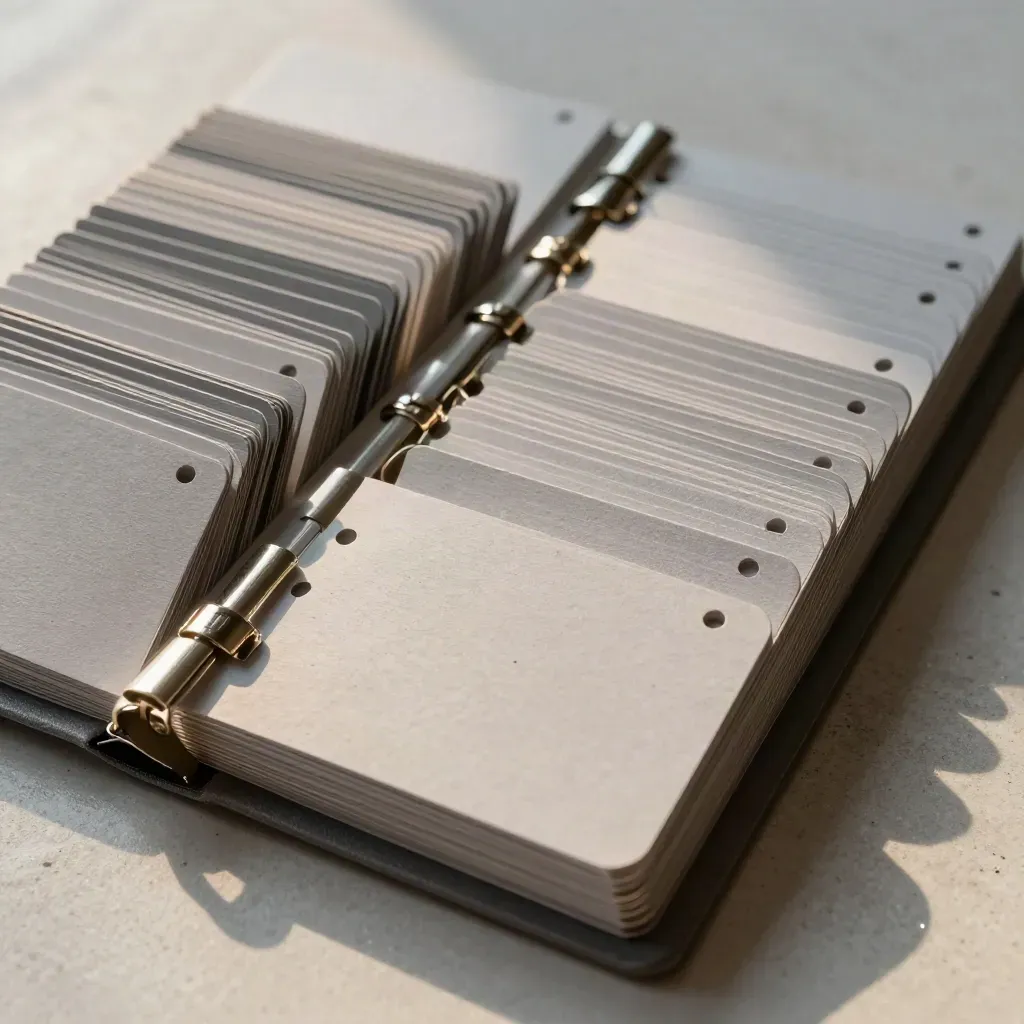 Top-down macro of blank punched cards, silver dividers, and a clipped folder spine on pale stone.