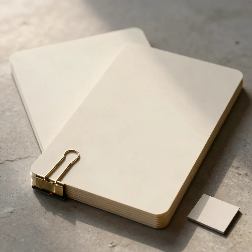 Top-down macro of cream strategy boards, brass clips and a matte sample chip on graphite stone.