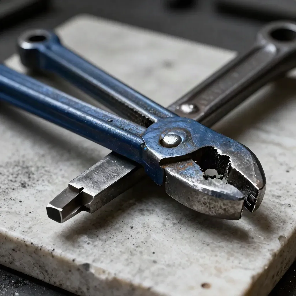 Macro of forged tongs, steel offcut and cast-iron wedge on travertine in workshop haze.