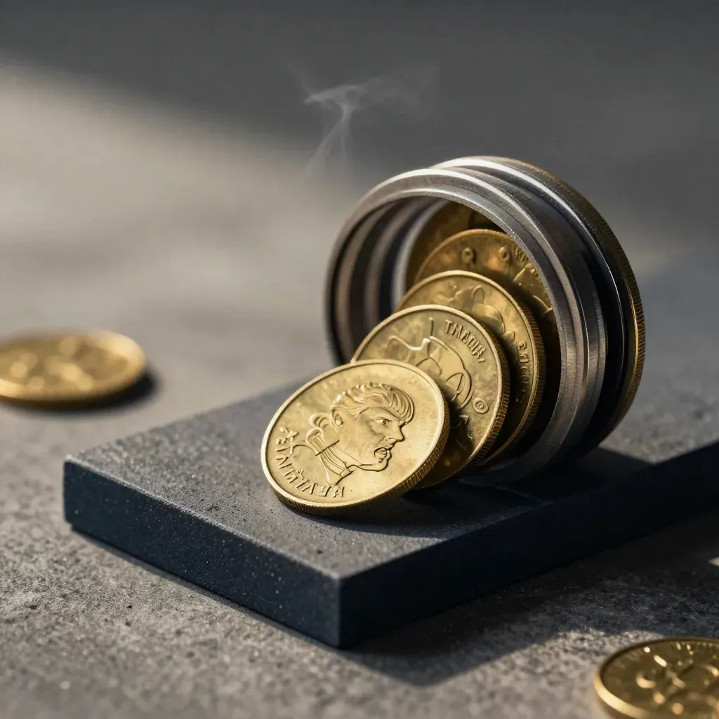 Matte brass tokens and steel rings clustered on a graphite block with soft haze.