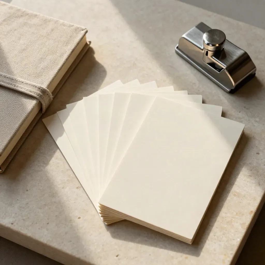 Flat lay of editorial cards, linen-bound notebook and silver paperweight on pale limestone.