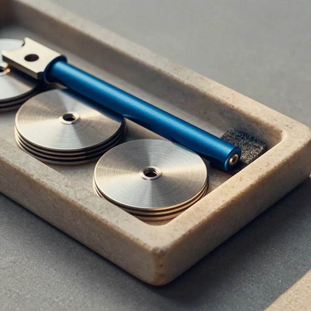 Punched metal tally discs and brushed-aluminum counters on a pale stone tray, dramatic macro still life.