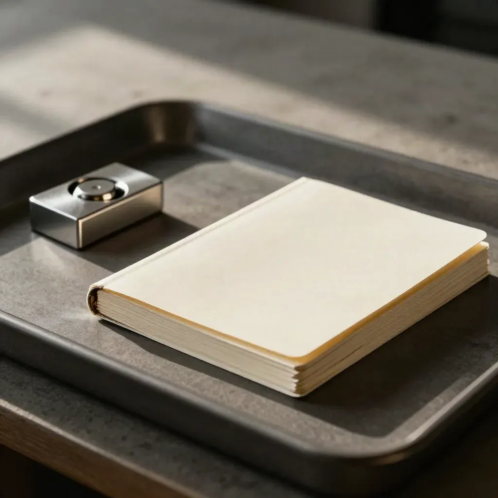 Founder planning kit with notebook, pitch cards, and steel paperweight in moody close-up.