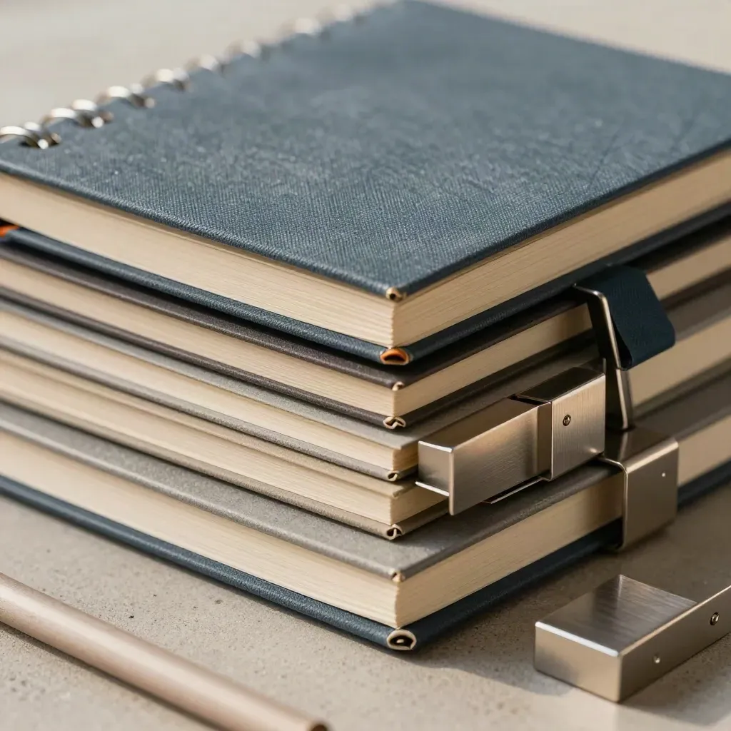 Macro of notebooks, paper trays, and metal blocks on concrete with blurred binder edge