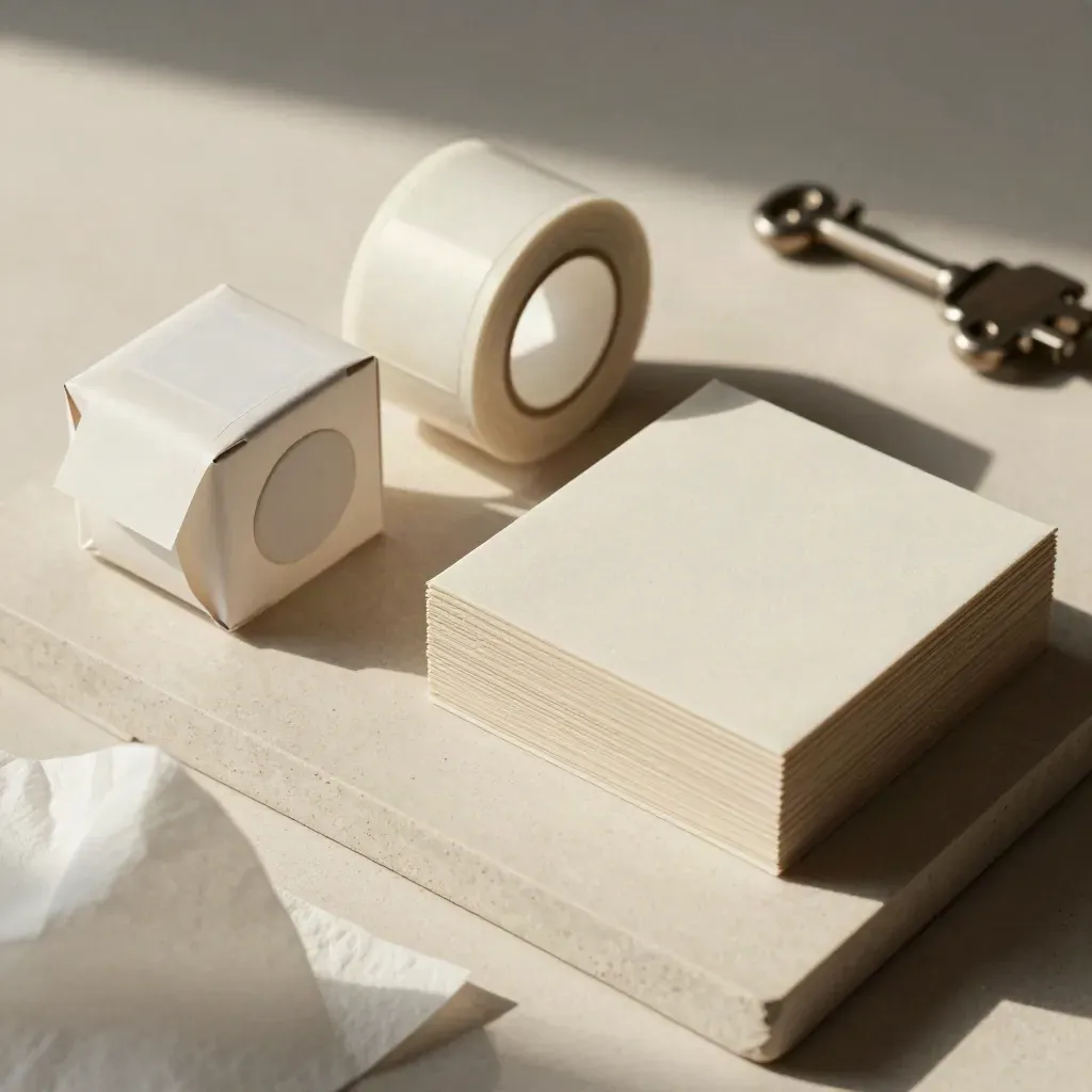 Flat lay of launch boxes, label roll, and brand board stack on pale stone, shot through soft foreground blur.