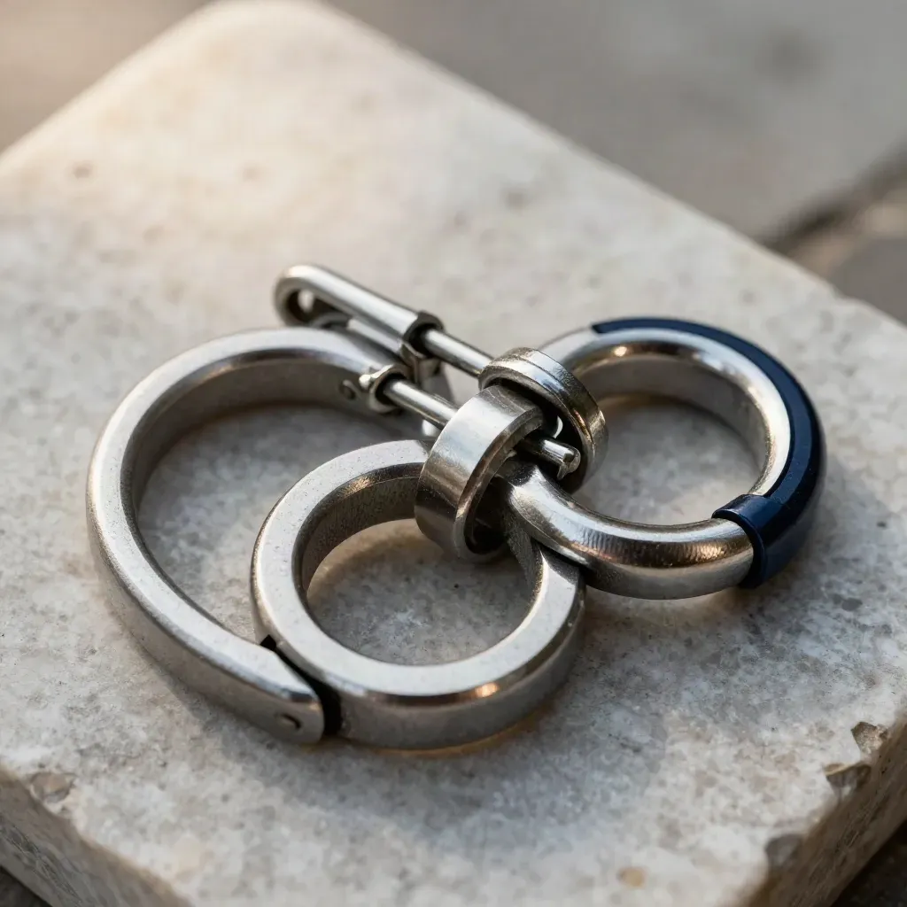 Macro of interlocking steel rings and a cable clip on brushed stone, snapped into a workflow chain.