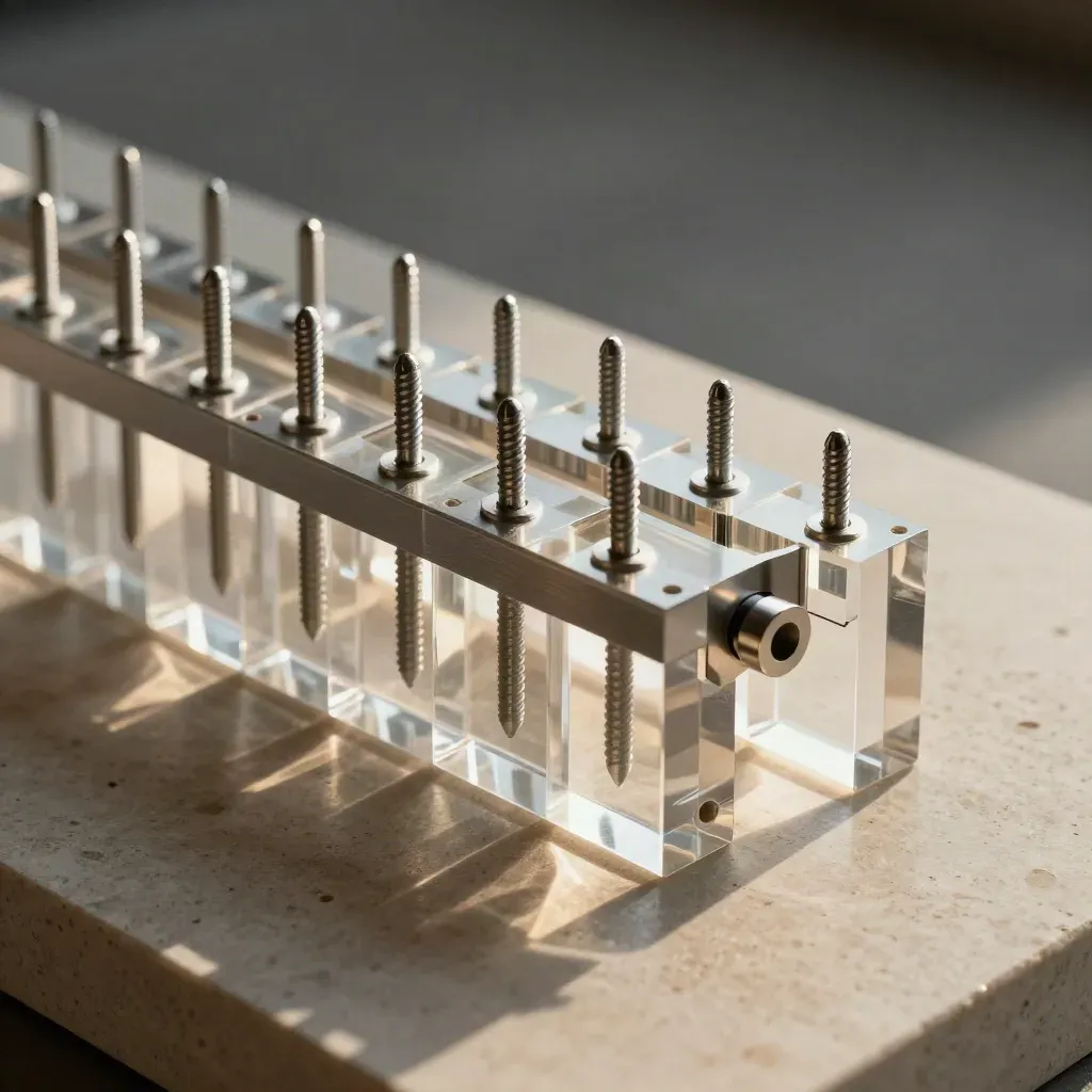 Modular acrylic blocks and dowel pins slotting into a connector plate on limestone