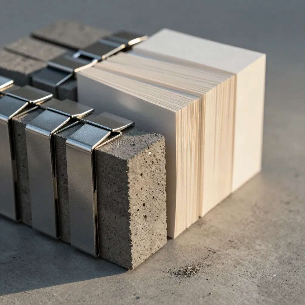 Graphite cubes, silver paper clamps, and folded blank cards on cool concrete