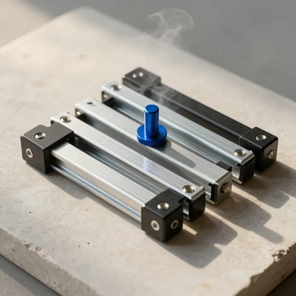 Overhead still life of aluminum rails and blue spacers on pale plaster.
