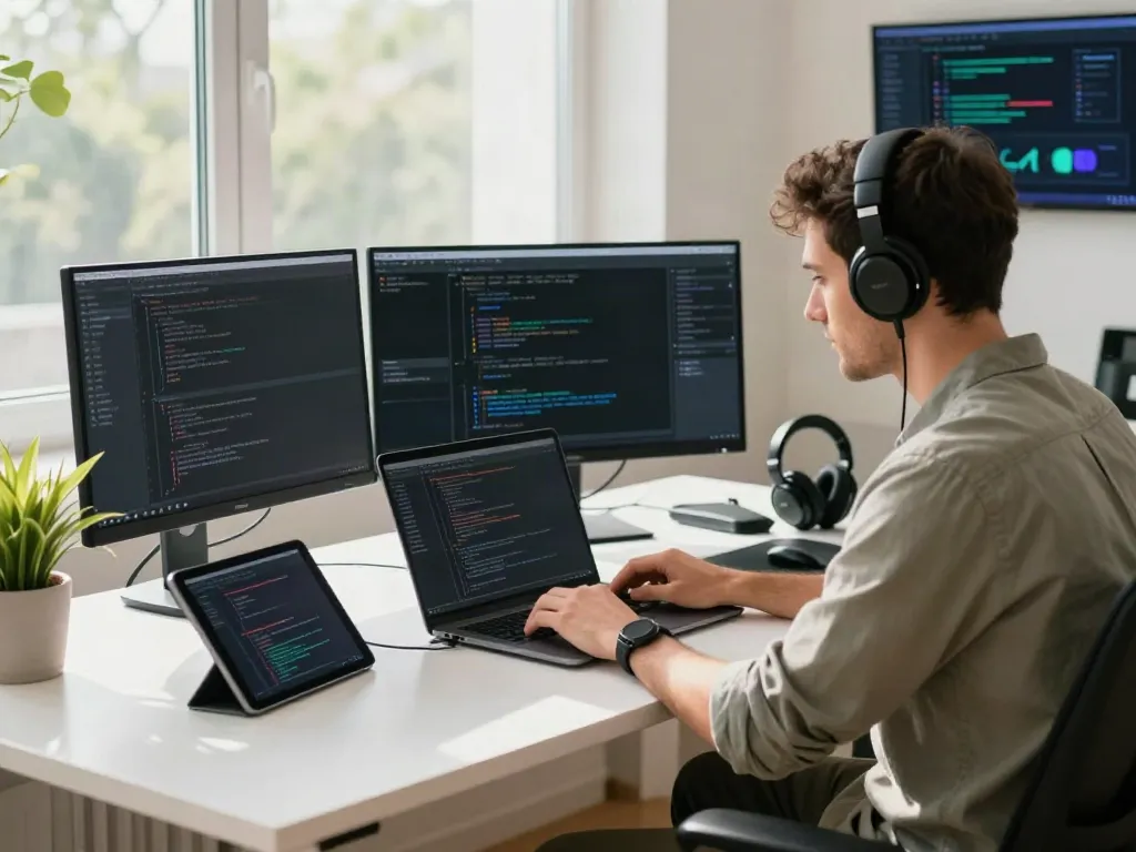 The Brave browser developer coding at a modern workspace with multiple monitors and tech gadgets.