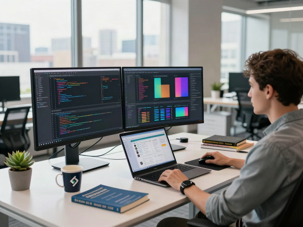 Software engineer working at desk with ggsoft daftar interface and vibrant app designs.